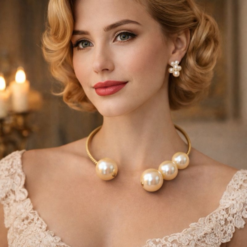Vintage faux pearl gold tone statement open choker style necklace date night